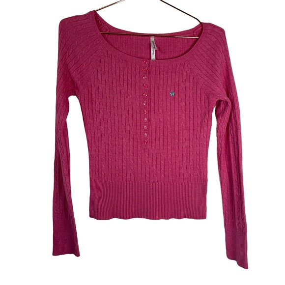 Aeropostale Sweaters - Aeropostale 90s Fitted Cable Knit Pink Sweater Pullover Rounded Neck Pink